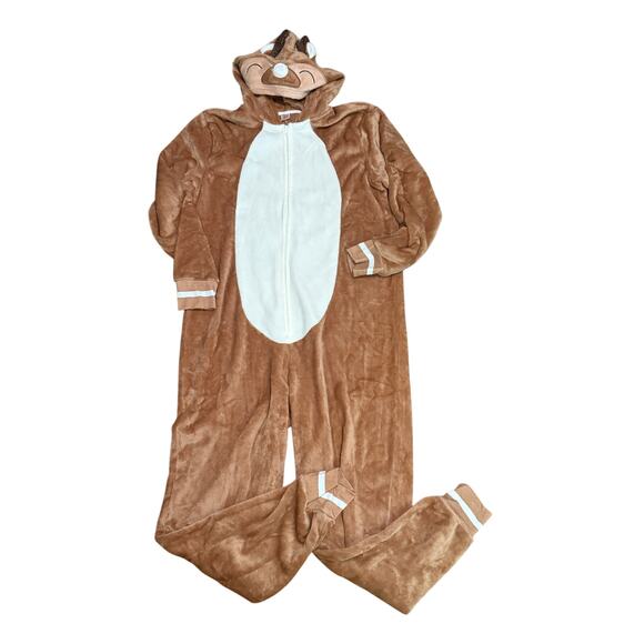 North Pole Trading Co. Reindeer Unisex Adult Plush Hooded One Piece Pajama - Picture 2 of 5